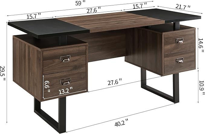 Computer Desk with Drawers 59 L Contemporary Home Office Laptop Desk with Floating Desktop and 4 Storage Drawers Vintage Study Gaming Table with Metal Frame Black &amp Walnut CTSZ20401WACM