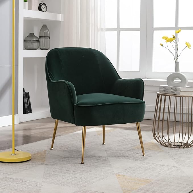 Modern Ergonomics Soft Velvet Fabric Material Accent Chair with Gold Legs and Adjustable Feet Screws for Indoor Home Living RoomDark Green