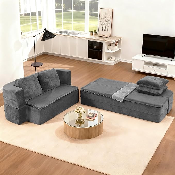 78 Convertible Sofa Bed with Blanket Boneless Cloud Couch Queen Scott Fabric for Living Room Bedroom Modular Loveseat with High-Density Solid Sponge No Assembly Grey