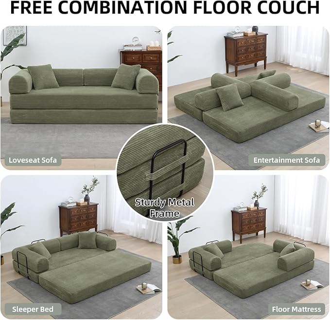 Convertible Folding Sofa BedFold Out Floor Sofa Couch with Fixed-Shape FrameCorduroy Foldable Mattress Cloud Couch for Living Room Bedroom (Light Green 78 Inch)