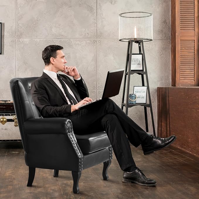 MOJAY PU Leather Accent Chair Set of 2 Modern Armchair Living Room Chair Upholstered Club Chair with Rivet Trim Mid-Century Sofa Chair with Sturdy Wood Legs for Bedroom (Black)