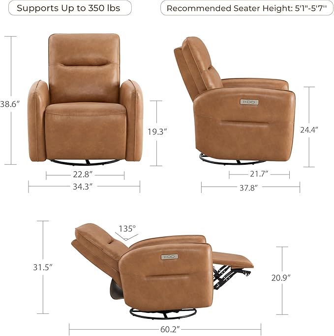 CHITA Faux Leather Power Recliner Chair Swivel Glider Recliner for Adults Nursery Rocking Chair with USB &amp Type-C Charging for Living Room Bedroom Camel