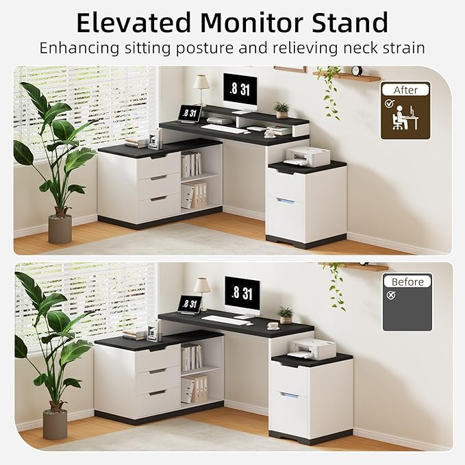 Computer Desk with Drawers White Office Desk with File Drawer 71 Wood Desk with Printer Space &amp Monitor Shelf for Home Office