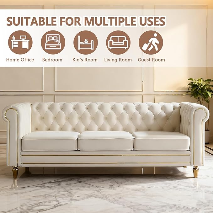 84 Velvet Sofa with Gold Legs Luxury Tufted Couch for Living Room Chesterfield Sofa with Thick Cushion Wide Armrest High-Density Foam Gold Strip Trim (Beige)