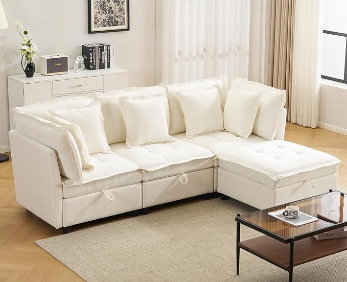 103 Modular Sectional Sofa L-Shaped Corduroy Comfy Sectional Couches for Living Room 3-Seater Cloud Couches with 1 Ottoman Modern Deep Seat Sofa with Large Storage Beige