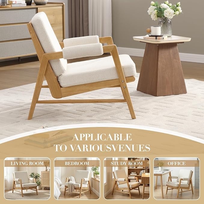CIMOTA Mid Century Modern Accent Chair Set of 2 Linen Upholstered Living Room Chairs with Arms Comfy Reading Chair with Solid Wood Frame High Back for Bedroom Waiting Room Office Beige