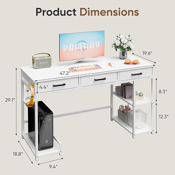Shahoo Home Office Computer Desk with Drawers &amp Storage Shelves 47.2 Modern Writing Table White