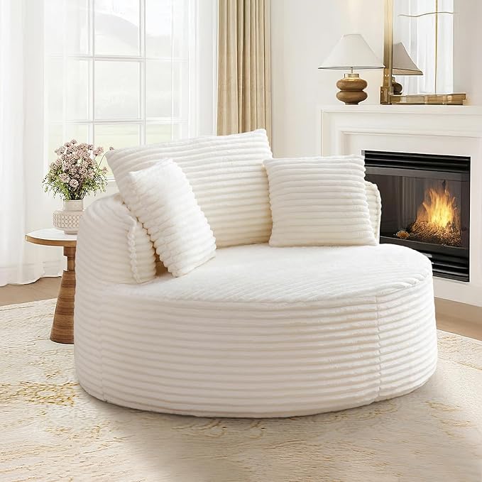 53W Oversized Round Chaise Longue Chair IndoorCorduroy Fluffy Comfy Cloud ChairCircle Bean Bag Sofa with Foam Filling &amp PillowsBoneless Reading Cozy Sofa Chairs for Living RoomBedroomWhite