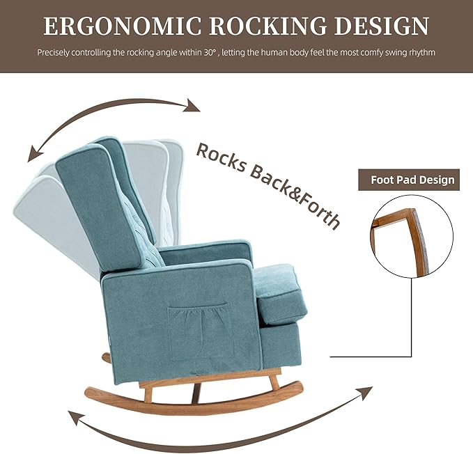 QQU Rocking Chair with Arms Leisure Chair IndoorComfy High Back Chair with Solid Wood Base Side Pocket for Living RoomBedroomOffice(A-Mint Green)