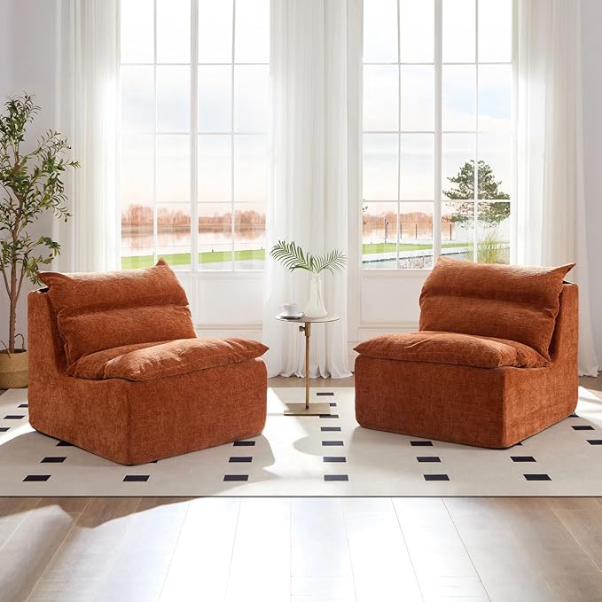 Accent Armless Chair Lazy Floor Seating Single Chair Sofa Lounger Leisure Accent Single Couch with Backrest for Living Room Bedroom Office Single Seat Orange