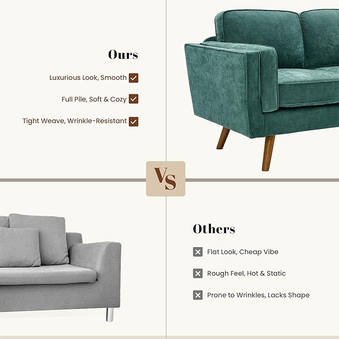 Kingfun Living Room Furniture Sets 3 Seater Couch and Armchair Mid Century Modern Sofa Set Chenille Couch with Solid Wood Frame for Living Room &amp Bedroom Green