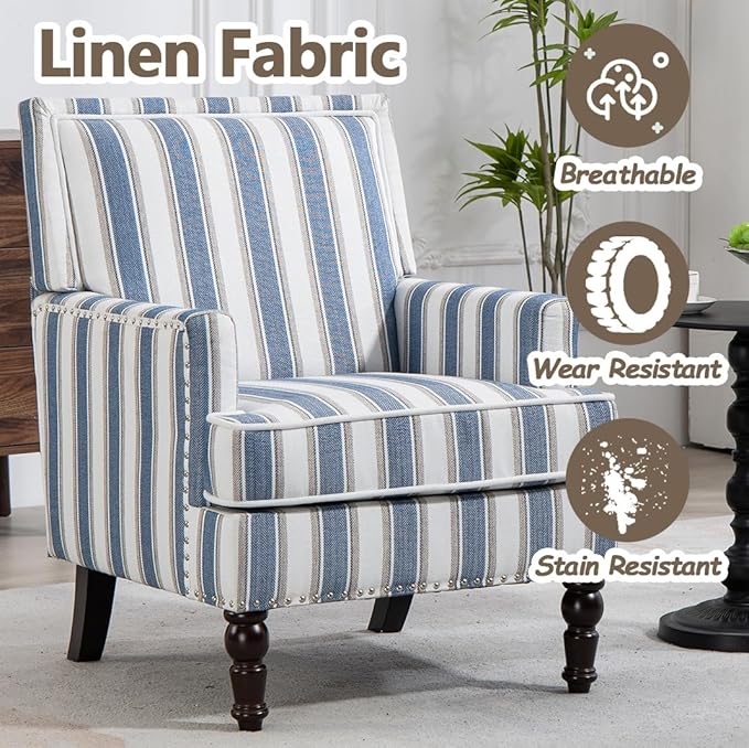 Striped Accent Chair Upholstered Armchair &amp Blue Side Chair for Living Room Bedroom Modern Farmhouse|Wood Legs