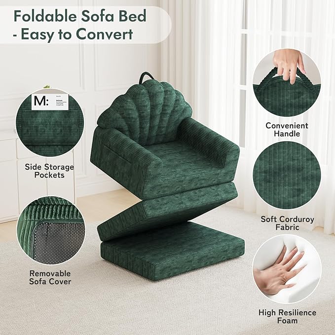 2-in-1 Folding Sofa Bed with Back Support 75 D x 34 W Convertible Futon Sleeper Chair for Adult Fold Out Bean Bag Floor Foam Lounger Couch for Living Room Bedroom Small Space Olive Green