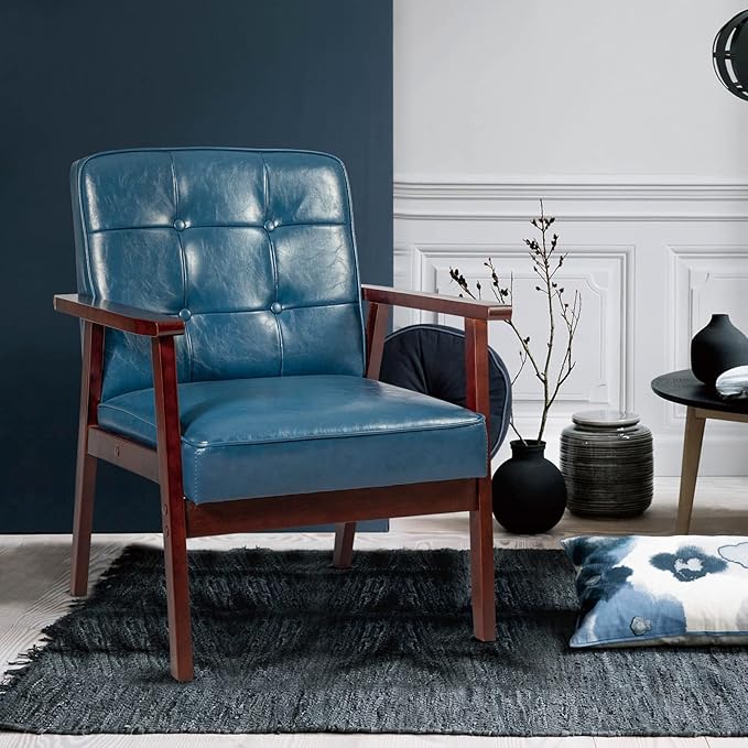 Okeysen Mid Century Modern Accent Chairs Retro Wood and Leather Armchairs Side Chair Lounge Reading Comfy Arm Chair for Living Room Bedroom Office (Blue)