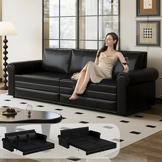 JOYBASE Pull Out Sofa Bed King-Size Convertible Sleeper Sofa Modern 3-Seater Faux Leather Couch with Nailhead for Living Room Office Apartment (Black)