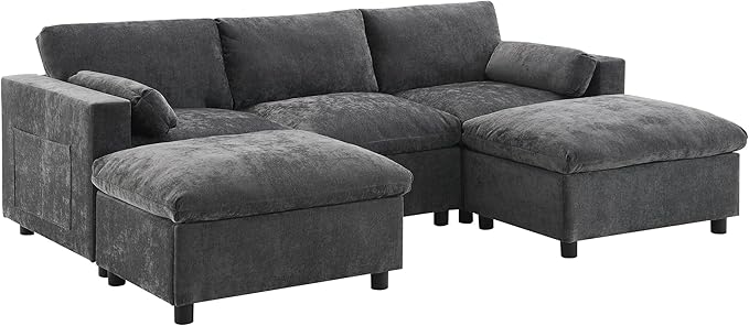 kevinplus 86.5'' Sectional Sofa Couch with Ottoman for Living Room Modern Contemporary 3-Seat Sectional Sofa Couch for Apartment Chenille Fabric Dark Gray