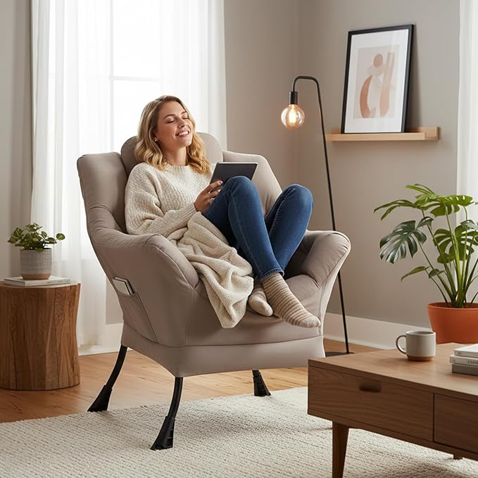Lazy Chair for Living Room Modern Soft Reading Chair Accent Contemporary Sofa Chair with Armrests and a Side Pocket for Bedroom Dorm &amp Office Khaki