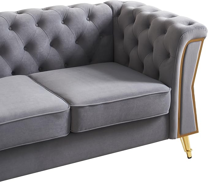 87.4 Modern Tufted Velvet Armchair with Gold Metal Legs and Unique Design of The Arms and Back 3-Seat Sofa Set with Velvet Fabric for Living Room Office Apartment Beige