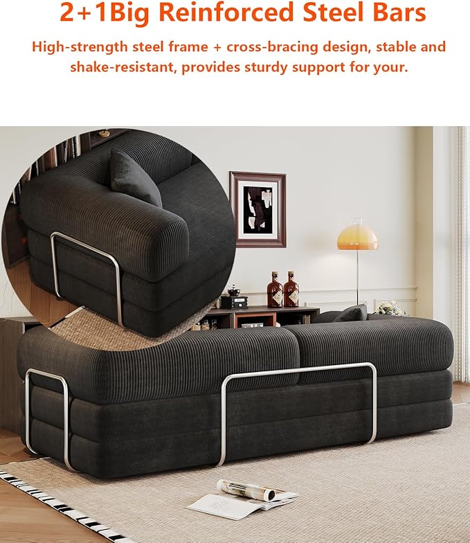 Convertible Sleeper Sofa Bed with Cylindrical Pillow 79 Inch Oversized Corduroy Upholstered Boneless CouchLove Seat Floor Sofas Living RoomSmall Space ApartmentOffice (Black)