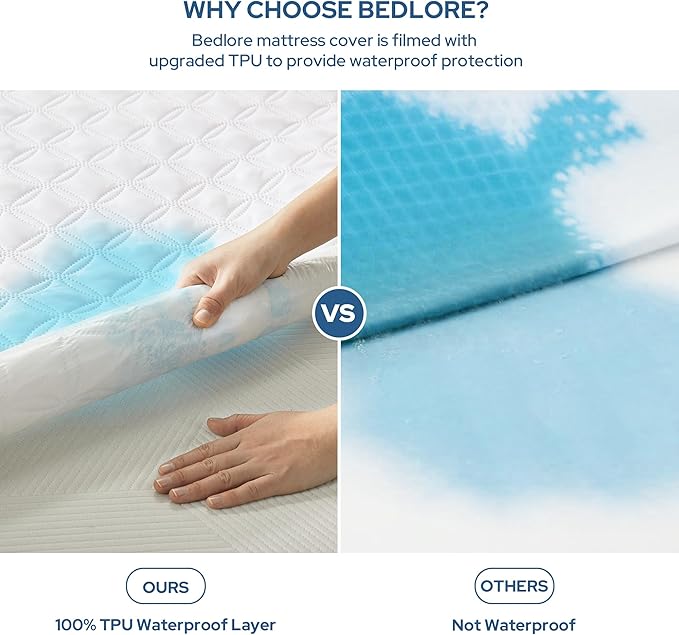 BEDLORE Waterproof Mattress Protector Queen Size Noiseless Mattress Pad with Deep Pocket Fitted Up to 6-18 inches Soft Noiseless Bed Mattress Cover Washable for Home Bedroom Hotel (White)