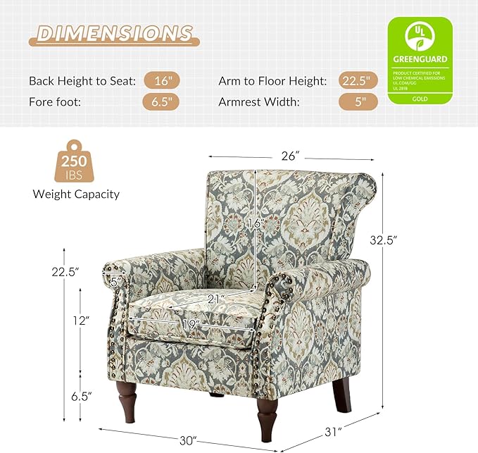 HULALA HOME Modern Wingback Accent Chairs Set of 2 with Wood Legs &amp Removable Cushion Comfy Upholstered Armchairs with Nailhead Trim Floral Pattern Single Sofa Chairs for Living Room Bedroom Pi
