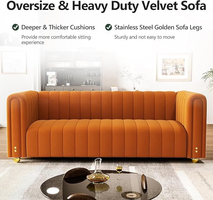 81.3'' Orange Velvet Modern Mid Century Deep Seat Sofa Oversized 3-Seater Loveseat Comfy Couch for Living Room and Apartment Furniture
