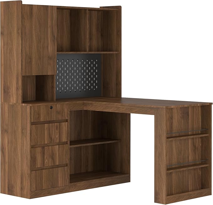 L Shaped Office Desk with Hutch and LED Light Home Office Corner Writing Desk with Drawers and Bookshelf Modern Study Table Computer Desk with Hutch for Studyroom (Wood)