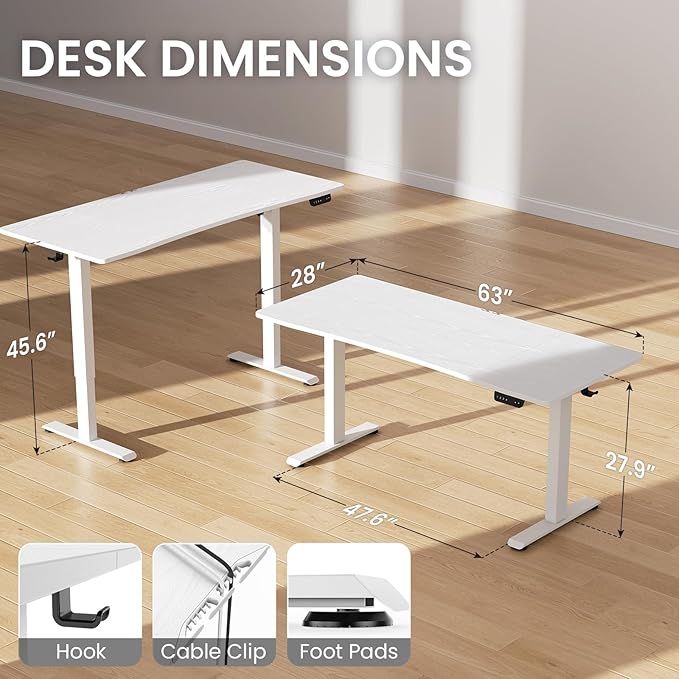 Veken 63 x 28 Inch Electric Standing Desk with Adjustable Height Sit to Stand Computer Table for Study Work or Gaming Home Office Desk White