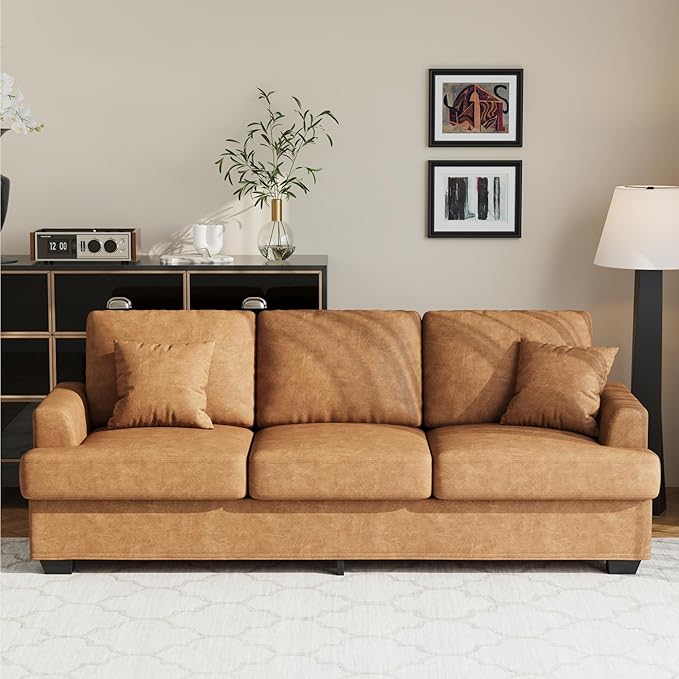 IDEALHOUSE Modern 86 Leather Sofa with 2 Throw Pillows Deep Seat Couch with Upholstered Cushion &amp Removable CoverComfy Faux Leather Sofa Couch for Small Space Apartment Lounge Brown