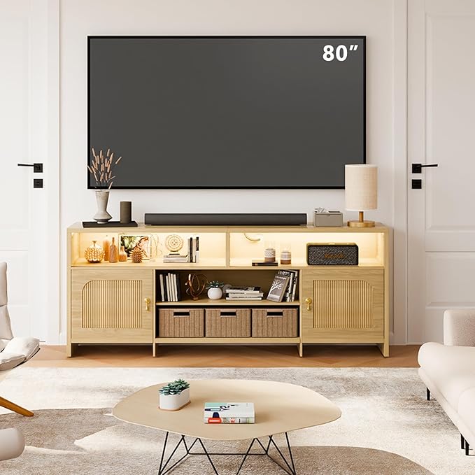 Fluted TV Stands for Living Room 70 Mid-Century Modern Entertainment Center with LED Lights and Open Storage Shelves Curved TV Media Console (Natural Oak)