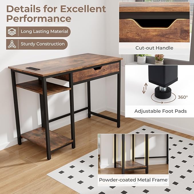 GOFLAME Computer Desk with Drawer Writing Desk with Power Outlets Storage Shelf Monitor Stand Gaming Desk Table Workstation for Home Office Bedroom Rustic Brown