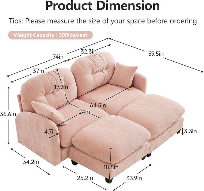 74 Modular Sectional Sofa Comfy Cloud Couch with 2 Ottoman Chenille Sofa Sleeper Deep Seat Sofas with Throw Pillows for Apartment-Pink