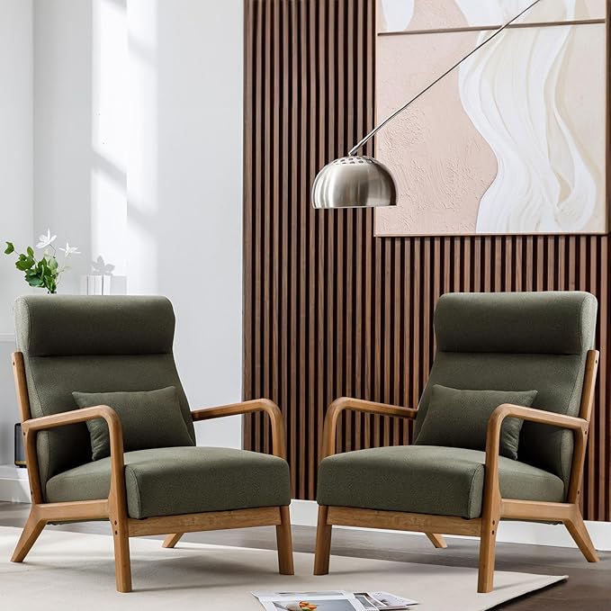ANJ Mid Century Modern High Back Accent Chairs Set of 2 Single Lounge Armchair with Solid Wood Frame Comfy Reading Chair for Living Room Easy Assembly