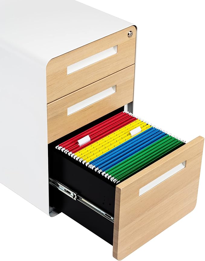Laura Davidson Furniture Stockpile 3 Drawer File Cabinet with Lock - Under Office Desk Metal Filing Cabinet Legal/Letter File Folders Wheels and Stationary Feet Pre-Assembled White/Wood