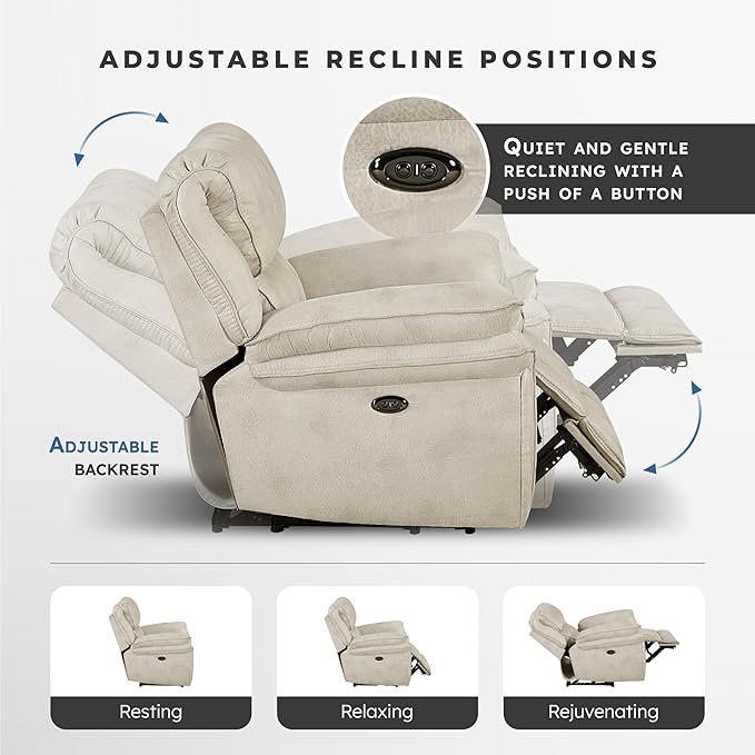 Lexicon Power Reclining Chair for Adults Polished Microfiber Power Recliner Single Sofa Chair for Bedroom/Living Room/Reading Nook Foam Over Pocket Coils Pillow Top Arms Charging Port Sand