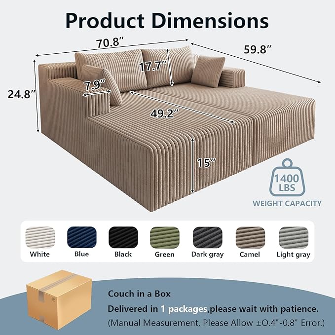 71Oversized Chaise Lounge ChairSectional Double Lounge Chaise with Pillows Upholstered Corduroy Boneless Lounge Chair Fluffy Modern Loveseat Sleeper Sofa for Living Room or Bedroom(Camel)