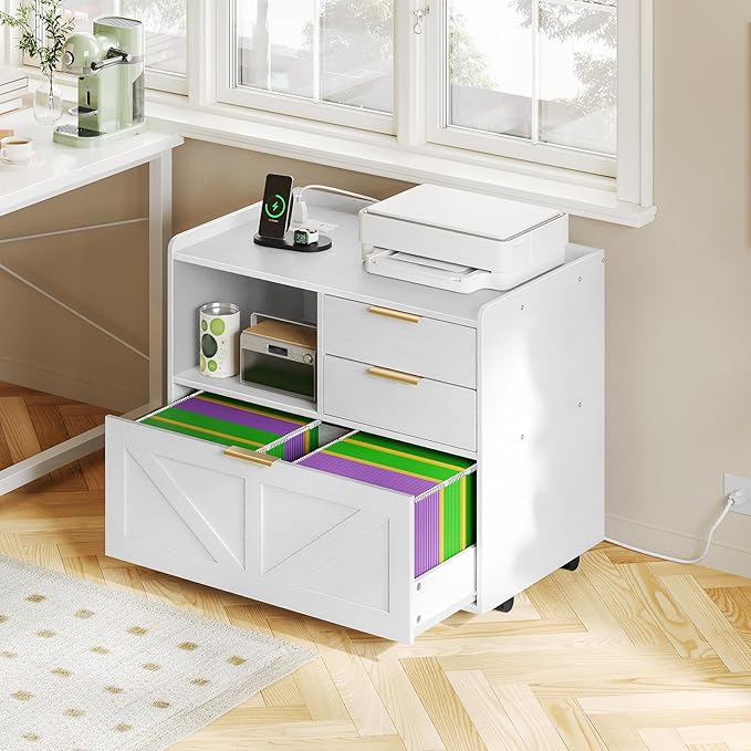 HOOBRO Lateral File Cabinet Wooden Office Storage Drawers with Charging Station Filing Cabinet for Home Office A4/Letter/Legal-Sized Files Printer Stand with Open Storage Spaces White WT37UWJ01