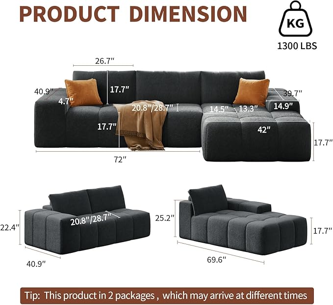 KEIKI 103 Corduroy Sectional Sofa 3-Seater L Shaped Sleeper Cloud Couch Bed Modern Upholstery Couches w/Deep Seat &amp Chaise Lounge Oversized Boneless Sofas for Living Room No Assembly Black