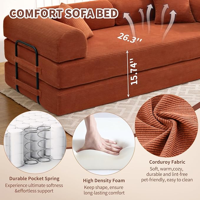 Convertible Sleeper Sofa Bed 1600lbs Weight Capacity Floor Sofa Bed with Fixed-Shape Frame Corduroy Foldable Couch for Small Space Lounge Mattress for Living Room Apartment Game Room (Orange)
