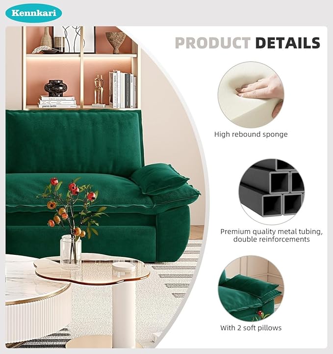 73.2 Queen Size 3-in-1 Convertible Pull Out Sofa Bed with Wheels Multi-Functional Velvet Loveseat Bed for Living Room and Bedroom (Green)