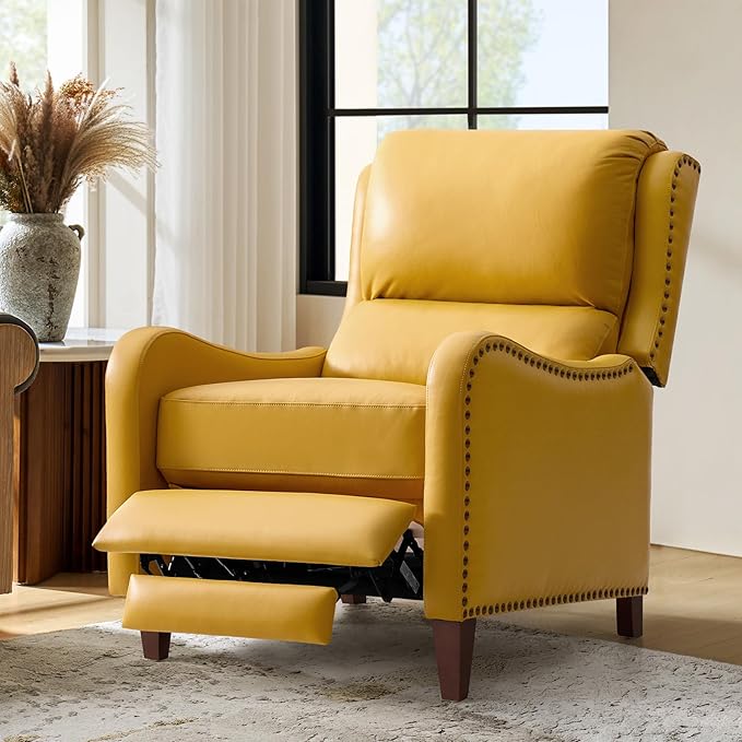 HULALA HOME Genuine Leather Recliner Chair Modern Push Back Recliner Armchair with Thick Seat Backrest &amp Footrest Nailhead Decor for Living Room Bedroom Yellow