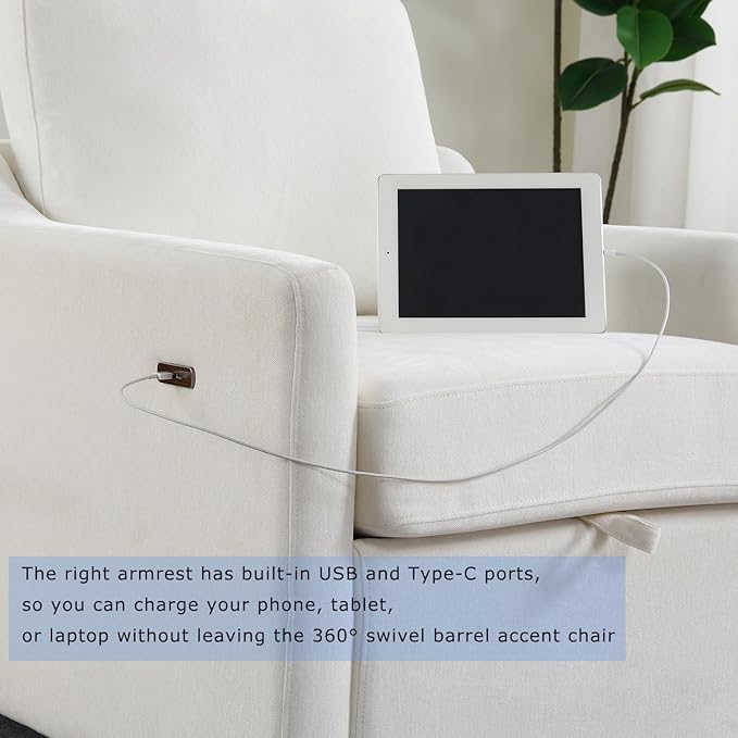 30 White Oversized Swivel Barrel Accent Chair with USB Charging &amp Under-Seat Storage360° Rotating Comfy Reading Arm Chair with Chenille Upholstered for NurseryLiving Room &amp Office(White)