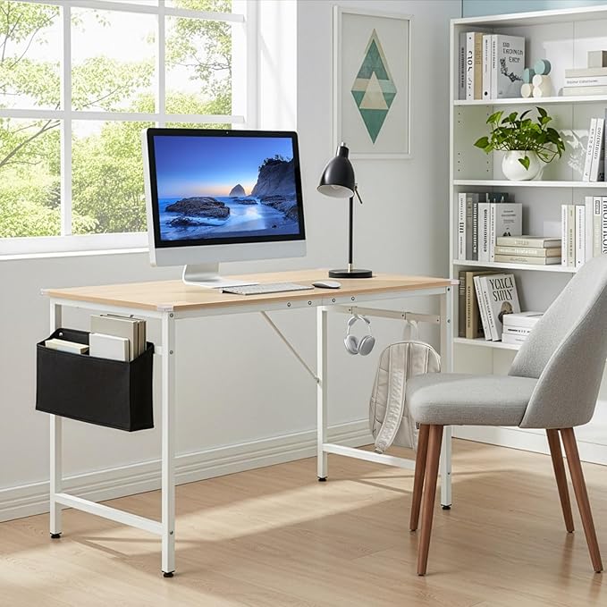 VINGLI 47 Inch Computer Office Modern Simple Gaming Desk with Side Fabric Drawer &amp Hook Up Wear-Resistant Surface Writing Desk Work Desk for Bedroom Living Room Oak