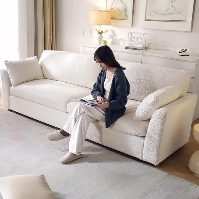 99.21 Wide Modern Fabric Sofa Oversized 3-Seater Couch with Armrests &amp 2 Pillows Comfy Upholstered Sofa for Living Room or Bedroom Cream White | Easy to Assemble