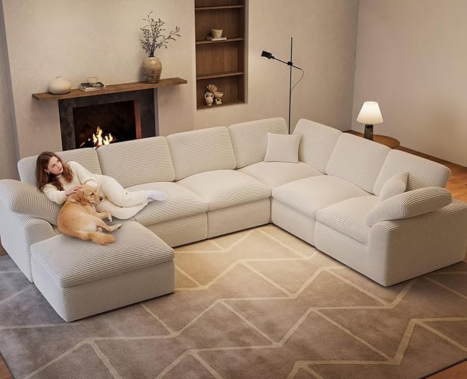 Cloud Sectional Couches for Living Room 7 Seater Cloud Modular Couch L Shaped Corduroy Sectional Sofas with Ottoman Boneless Comfy Sofa for Apartment No-Assembly Cream