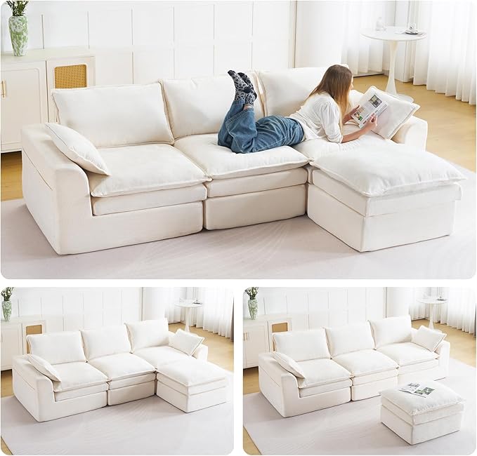 113 Cloud Sectional Boneless Couch for Living Room Modern Modular Sectional Sofa Deep Seat with Ottoman Upholstered Comfy Sectional Couches L Shaped Couch with Side PocketsChenilleBeige
