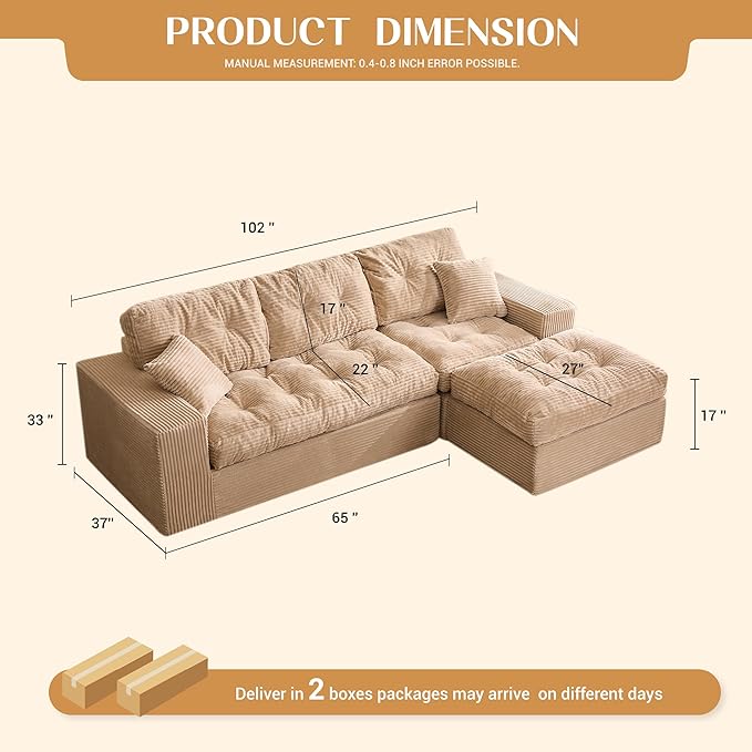 Modular Sectional Sofa 102” L-Shaped Corduroy Couch with Ottoman Deep Seat Comfy Sectional for Living Room Set of Soft Upholstered Cloud Couch for Apartment Camel