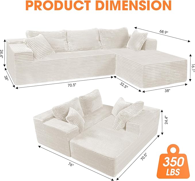 108” Modular Sectional Sofa Couches Oversized L-Shape Cloud Couch with Deep Seat Comfy Memory Foam Modern Boneless Couch for Living Room No Assembly Required