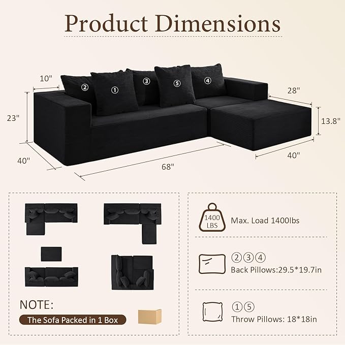INGEROOM 108 Modular Cloud Sectional Couch with Deep Seat Boneless Sofa with Movable Ottoman Plush Corduroy Memory Foam Couch for Living Room No Assembly Dark Gray