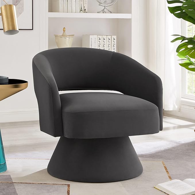 GDFStudio Swivel Barrel Chair Accent Arm Chair for Living Room Upholstered Velvet Round Reading Armchair Modern 360 Degree Comfy Swivel Chair with Open Backrest for Bedroom Office Dark Gray